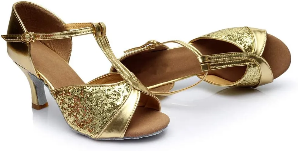 Women's Ballroom Dance Shoes Open Toe T Strap Dress Sandals Summer Slip On Fish Mouth Prom Party Wedding Performance 1920s Shoes