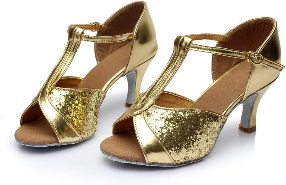 Women's Ballroom Dance Shoes Open Toe T Strap Dress Sandals Summer Slip On Fish Mouth Prom Party Wedding Performance 1920s Shoes