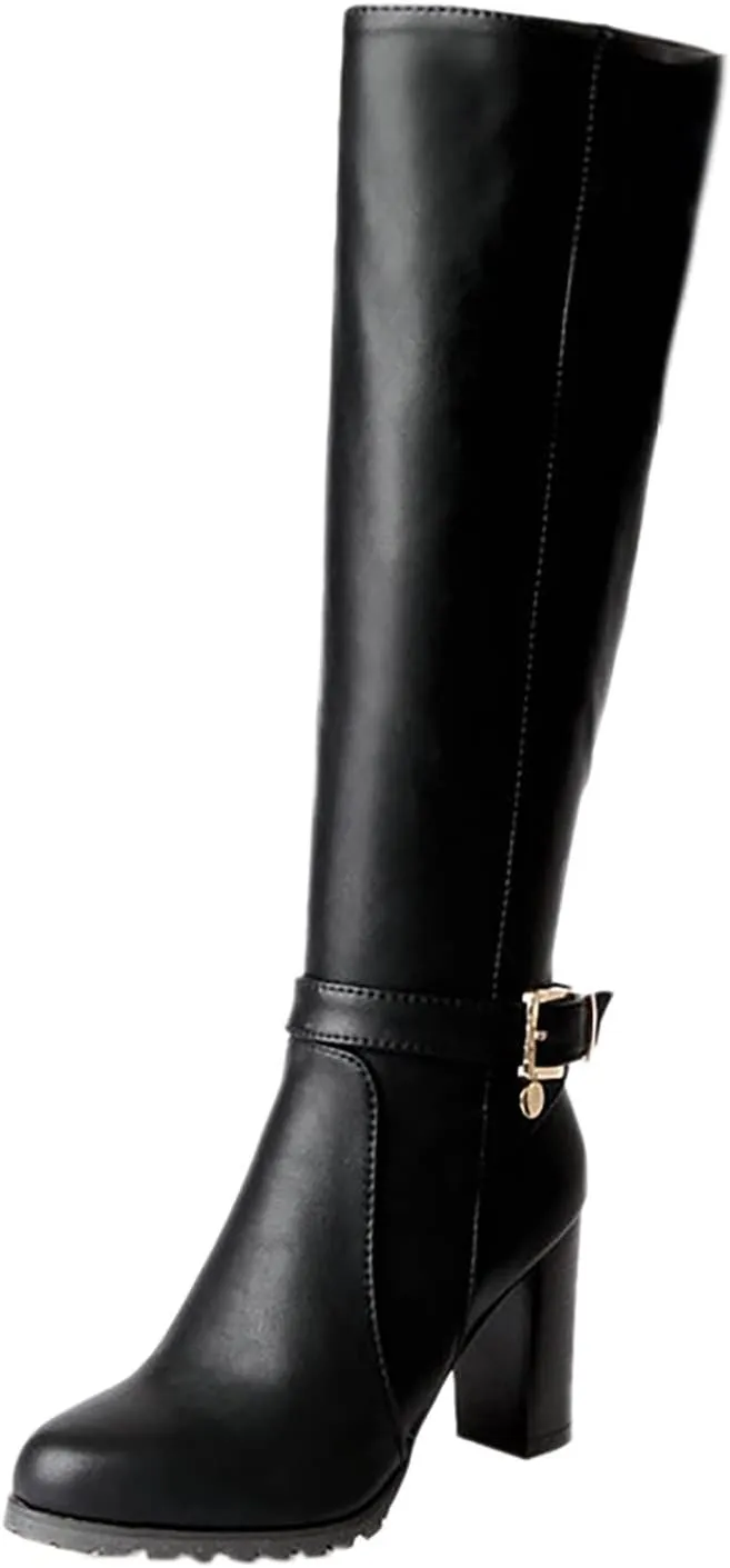 Womens Boots Fashion Buckle PU Leather Warm Boots for Women Thick Sole Heel Anti-slip Winter Boots for Women