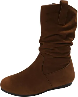Womens Boots Fashion Flock Pleated Round Head Suede Boots for Women Flat Sole Solid Color Mid-Calf Boots
