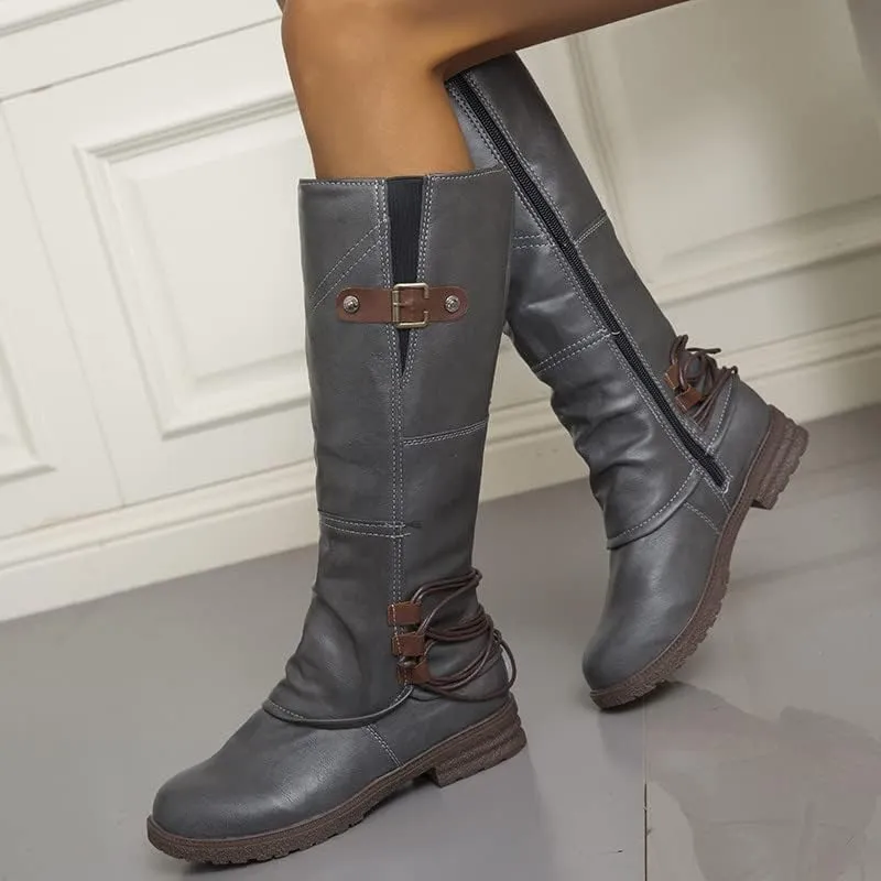 Womens Boots Fashion Leather Short Heel Waterproof Boots for Women Round Toe Side Zipper Cozy Mid-Calf Boots