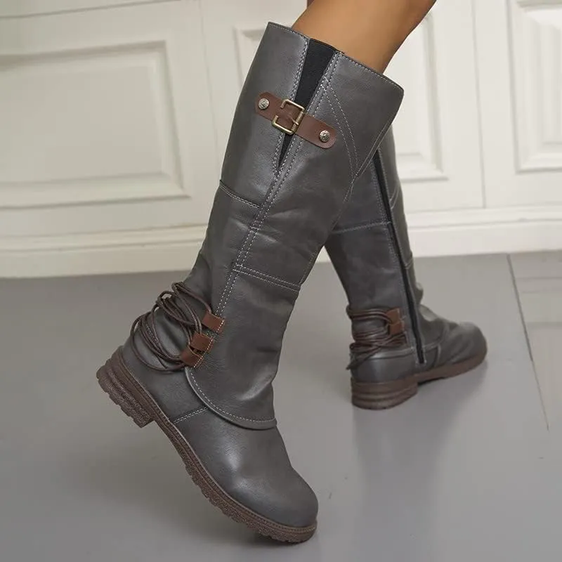 Womens Boots Fashion Leather Short Heel Waterproof Boots for Women Round Toe Side Zipper Cozy Mid-Calf Boots