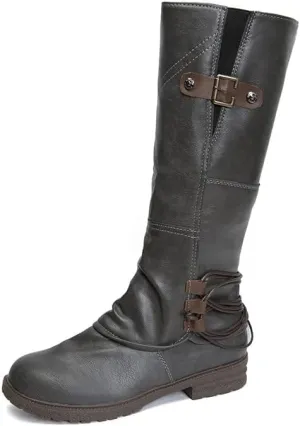 Womens Boots Fashion Leather Short Heel Waterproof Boots for Women Round Toe Side Zipper Cozy Mid-Calf Boots