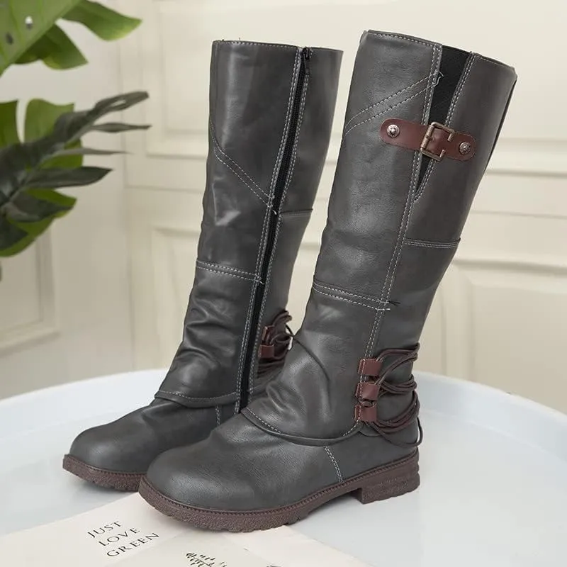 Womens Boots Fashion Leather Short Heel Waterproof Boots for Women Round Toe Side Zipper Cozy Mid-Calf Boots