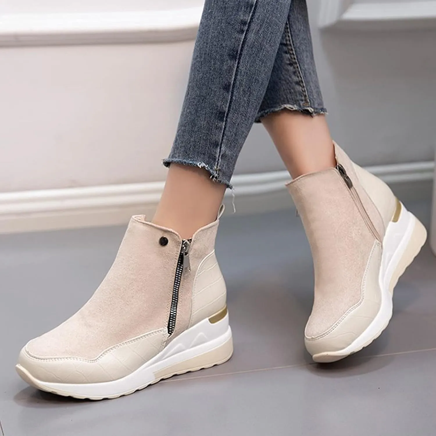 Womens Boots Fashion Thick Sole Side Zipper Anti-slip Boots for Women PU Leather Round Toe Warm Short Boots