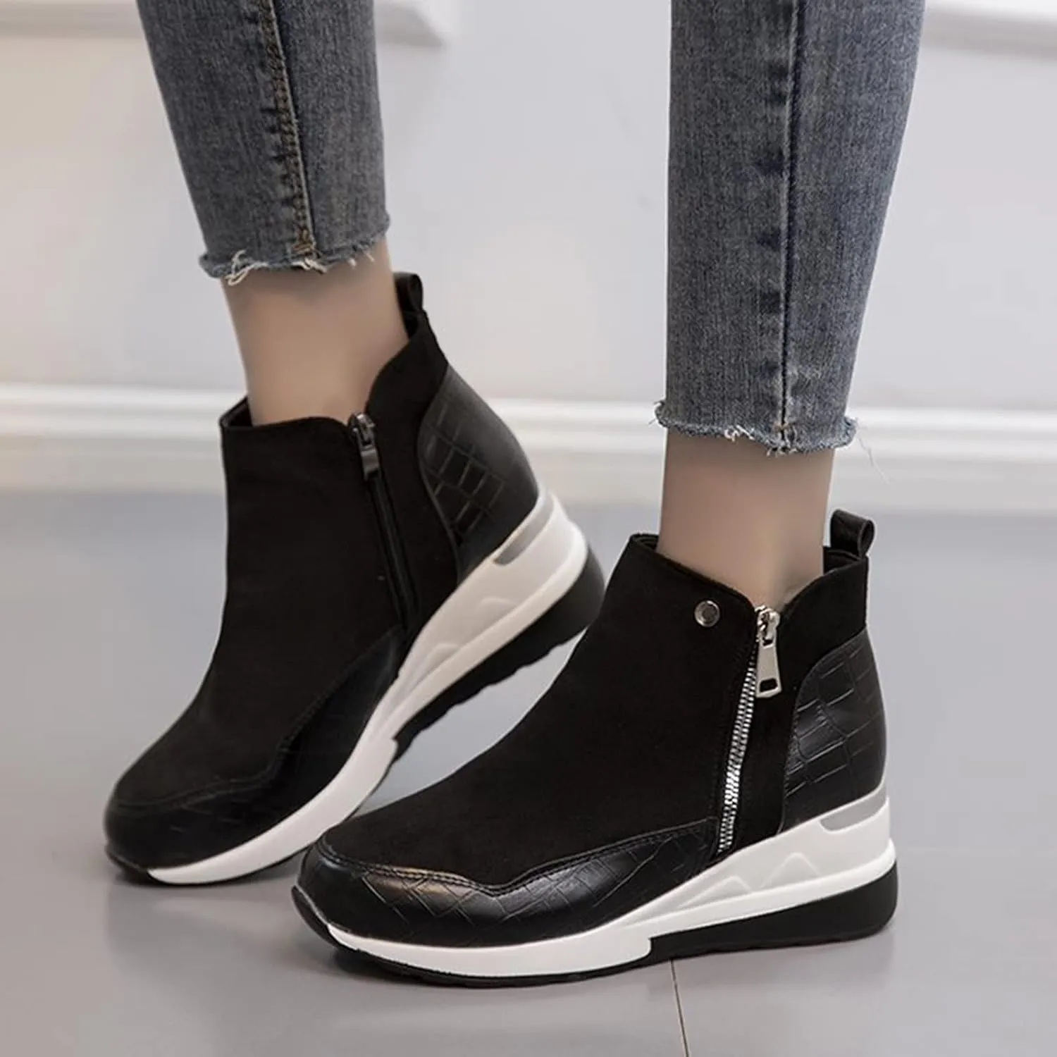 Womens Boots Fashion Thick Sole Side Zipper Anti-slip Boots for Women PU Leather Round Toe Warm Short Boots