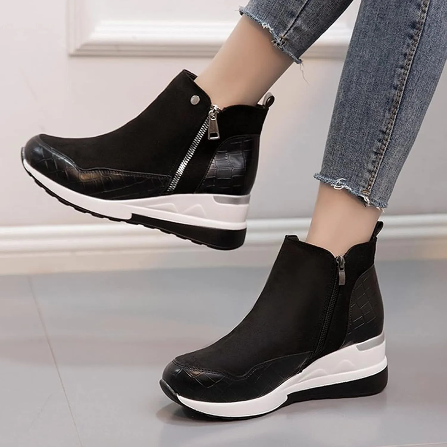 Womens Boots Fashion Thick Sole Side Zipper Anti-slip Boots for Women PU Leather Round Toe Warm Short Boots
