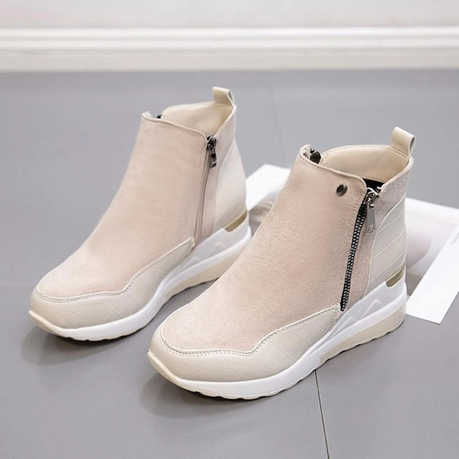 Womens Boots Fashion Thick Sole Side Zipper Anti-slip Boots for Women PU Leather Round Toe Warm Short Boots