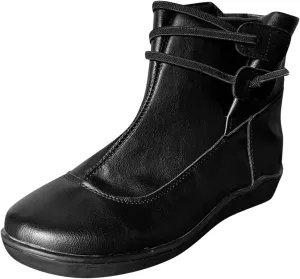 Womens Boots Retro PU Leather Flat Soft Sole Warm Boots for Women Solid Color Round Toe Comfortable Ankle Boots