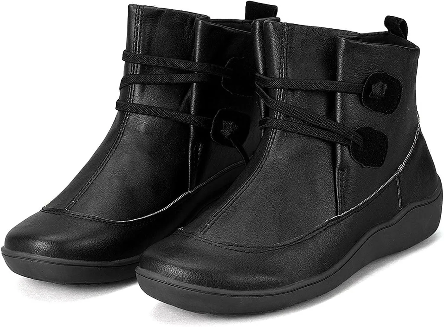 Womens Boots Retro PU Leather Flat Soft Sole Warm Boots for Women Solid Color Round Toe Comfortable Ankle Boots