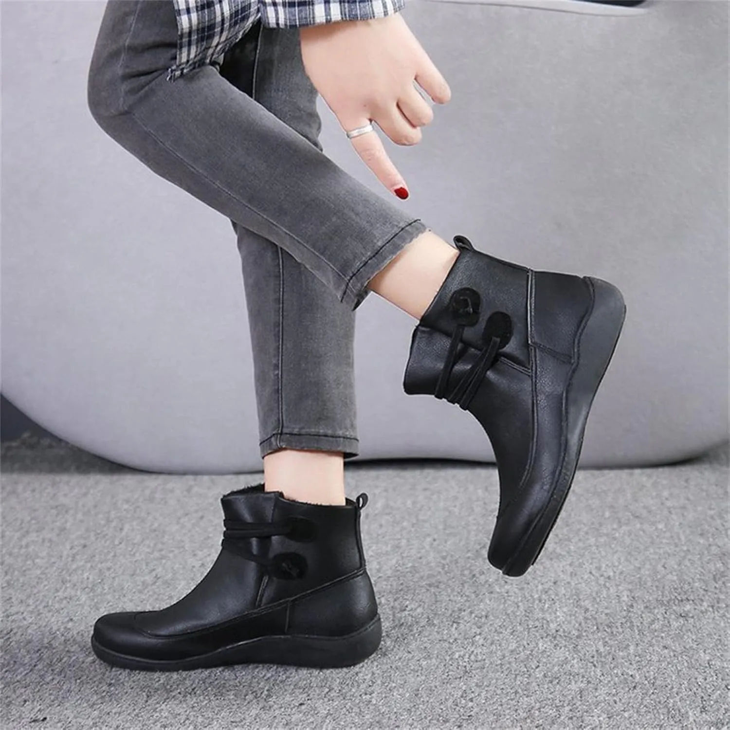 Womens Boots Retro PU Leather Flat Soft Sole Warm Boots for Women Solid Color Round Toe Comfortable Ankle Boots