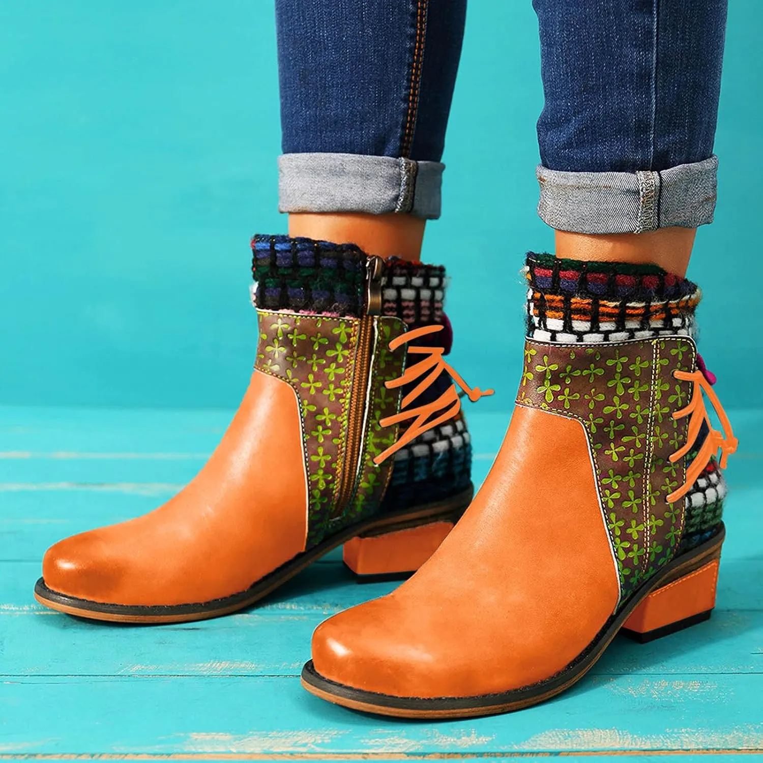 Womens Boots Roman Ethnic Style Soft Cozy PU Leather Fashion Boots for Women Side Zipper Square Heel Ankle Boots