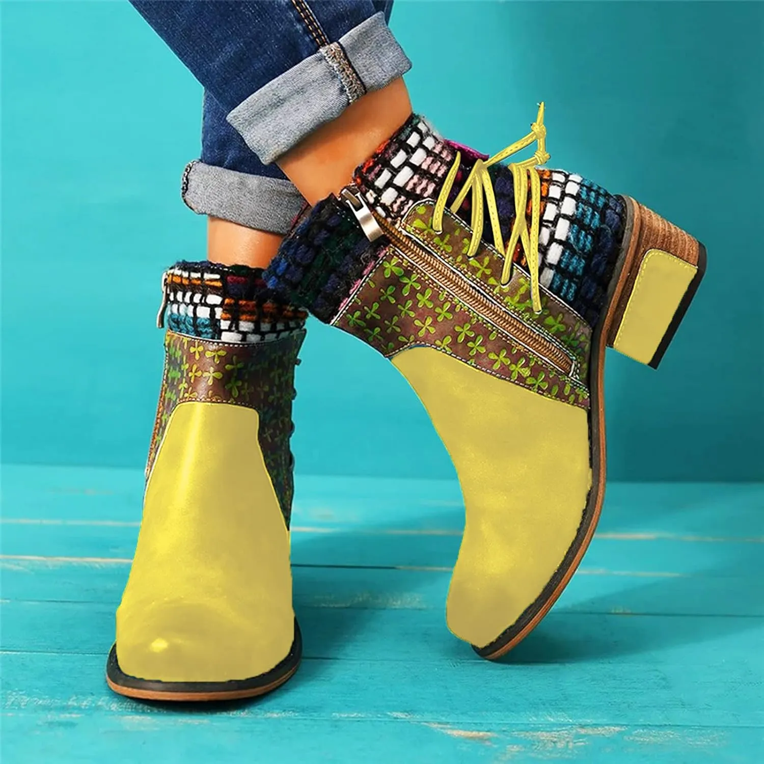 Womens Boots Roman Ethnic Style Soft Cozy PU Leather Fashion Boots for Women Side Zipper Square Heel Ankle Boots