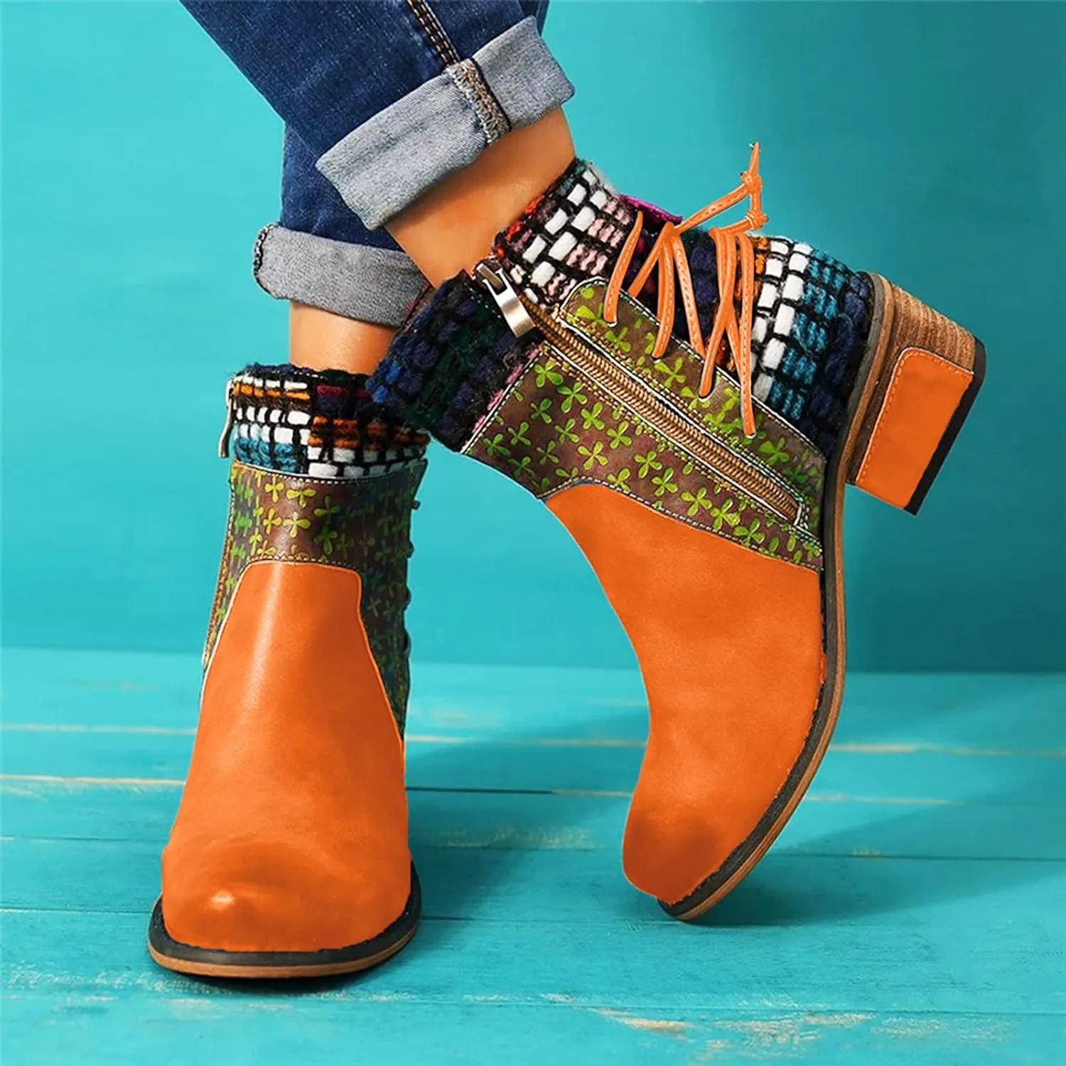 Womens Boots Roman Ethnic Style Soft Cozy PU Leather Fashion Boots for Women Side Zipper Square Heel Ankle Boots