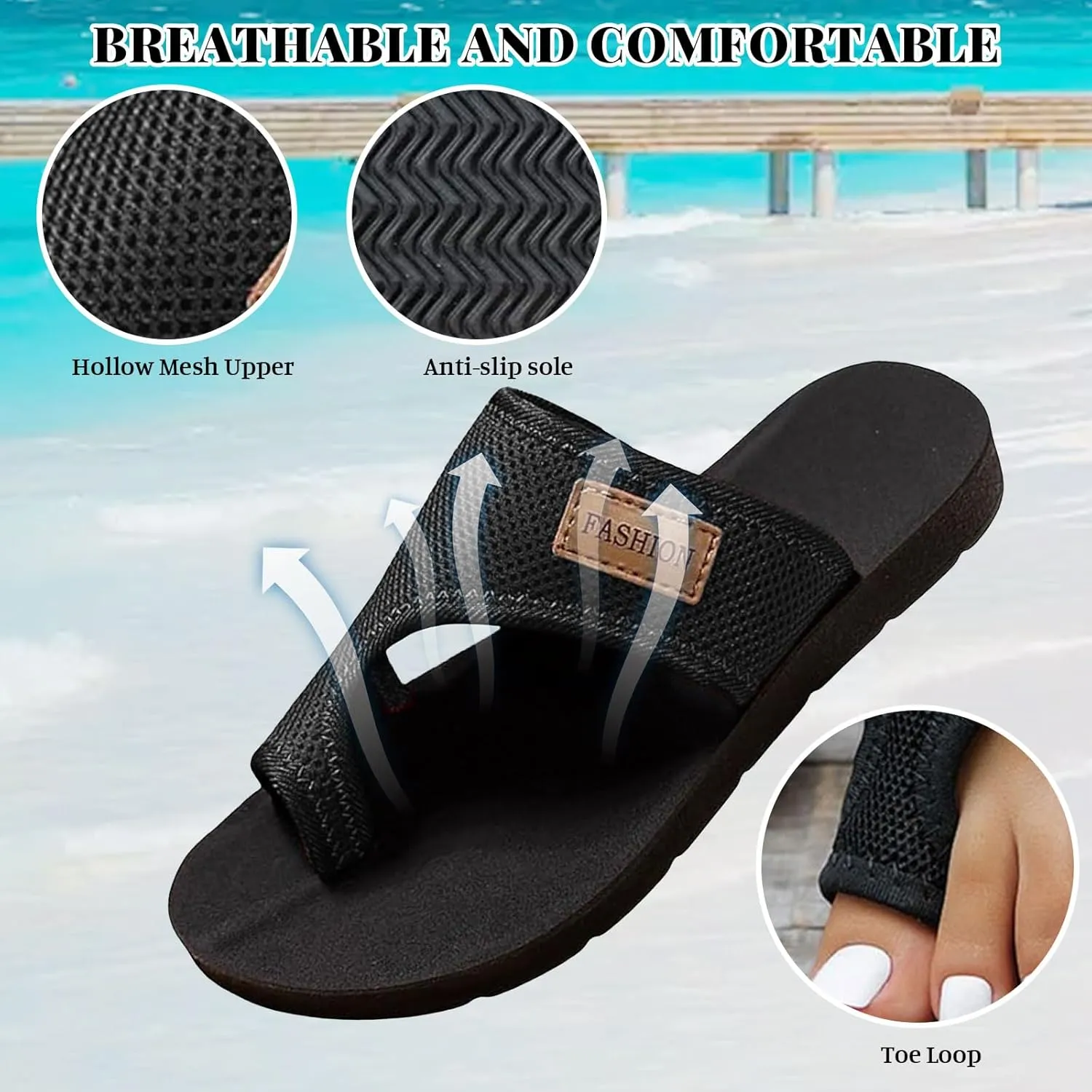Women's Breathable Mesh Slide Sandals Avylays Orthopedic Arch Support Comfortable Non-Slip Beach Flats Slippers