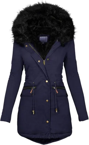 Womens Casual Faux Fur Lapel Zip Quilted Parka Jacket Puffer Coat Fall Winter Coat Thicken Military Parka Jacket
