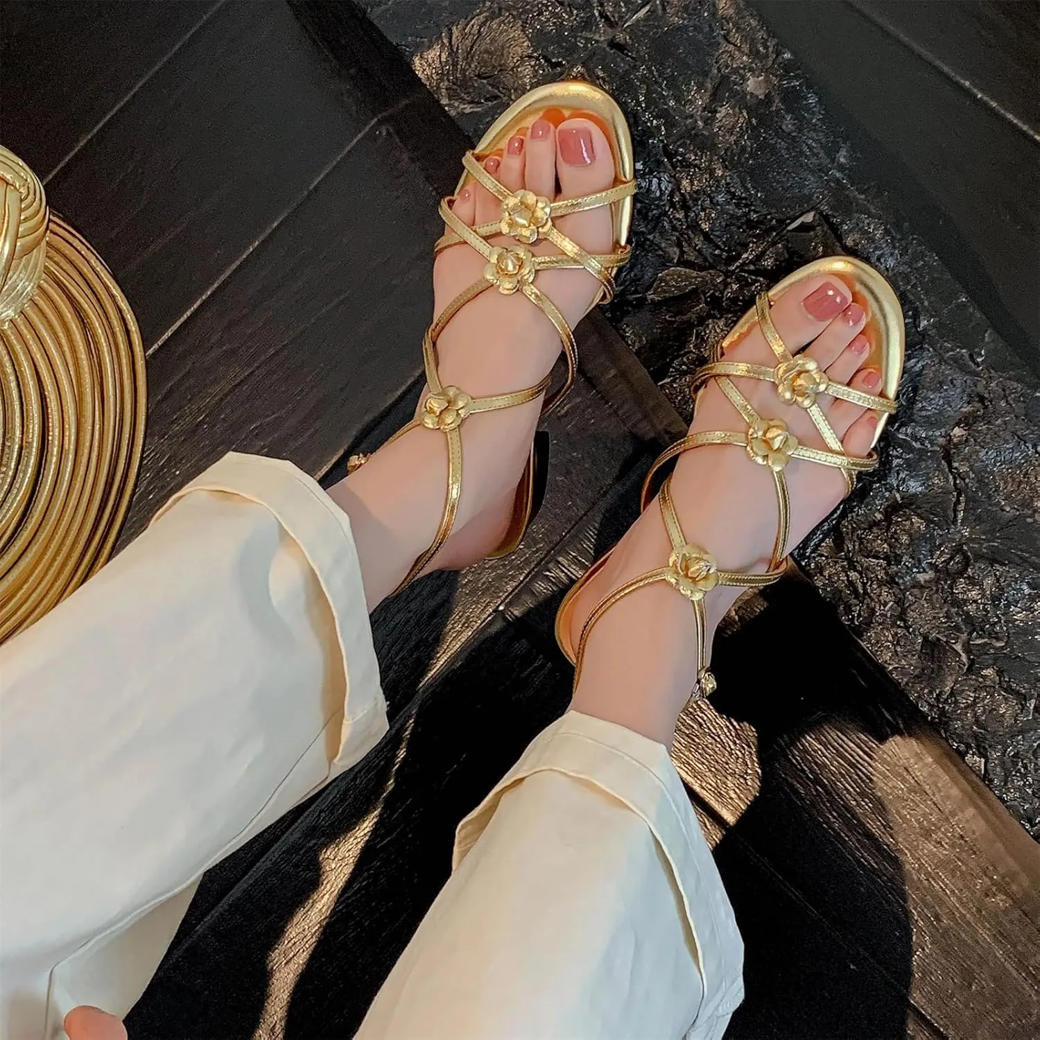 Women's Cow Leather Chunky Heel Sandals - Flower Gladiator Slingback Summer Casual Party