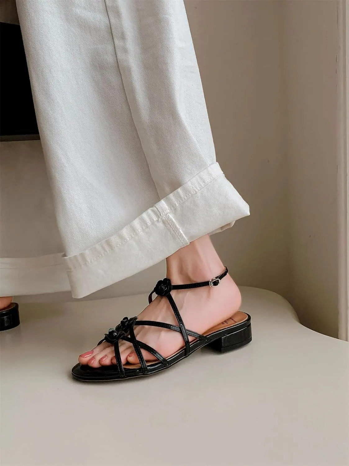 Women's Cow Leather Chunky Heel Sandals - Flower Gladiator Slingback Summer Casual Party