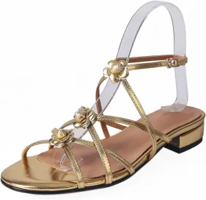 Women's Cow Leather Chunky Heel Sandals - Flower Gladiator Slingback Summer Casual Party