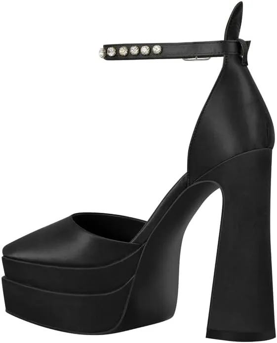 Women??s Double High Chunky Platform Pointed Closed Toe Chunky Heels Ankle Strap Rhinestone Pumps Shoes for Dress Wedding Party