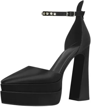 Women??s Double High Chunky Platform Pointed Closed Toe Chunky Heels Ankle Strap Rhinestone Pumps Shoes for Dress Wedding Party