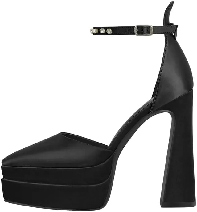 Women??s Double High Chunky Platform Pointed Closed Toe Chunky Heels Ankle Strap Rhinestone Pumps Shoes for Dress Wedding Party