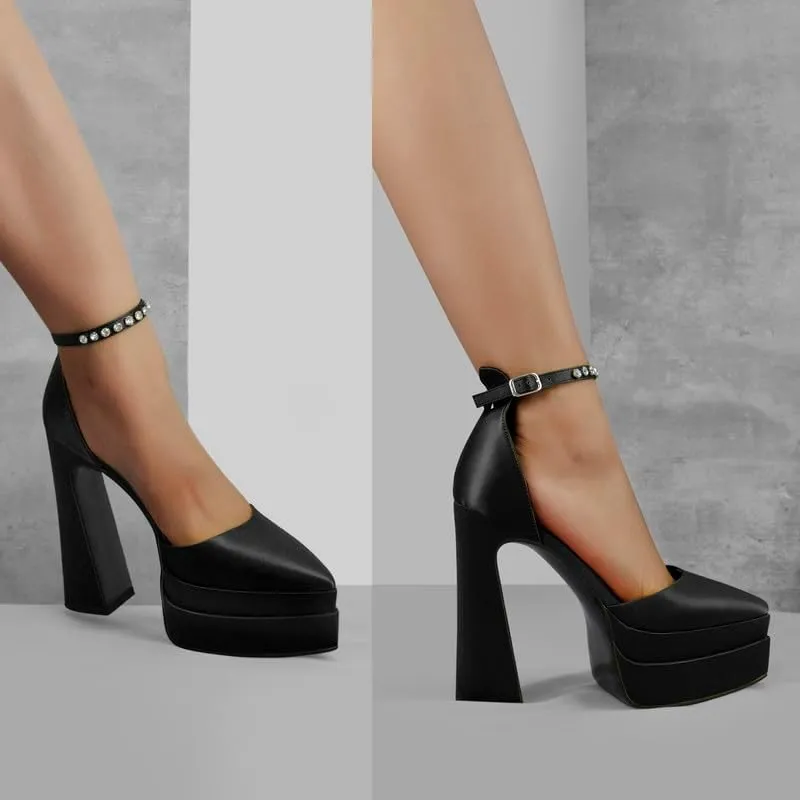 Women??s Double High Chunky Platform Pointed Closed Toe Chunky Heels Ankle Strap Rhinestone Pumps Shoes for Dress Wedding Party