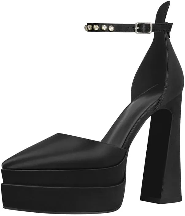 Women??s Double High Chunky Platform Pointed Closed Toe Chunky Heels Ankle Strap Rhinestone Pumps Shoes for Dress Wedding Party