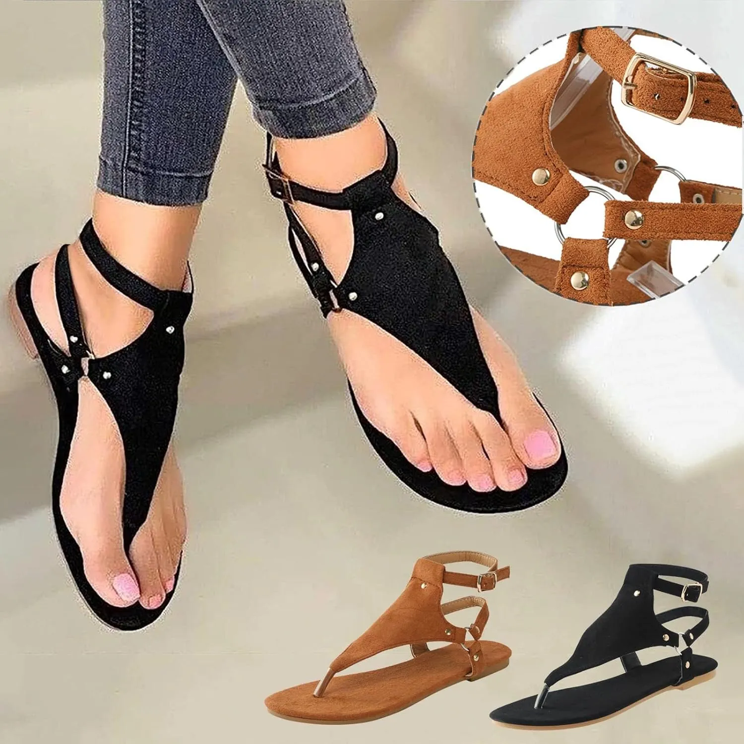 Women's Elastic Strappy Thong Ankle Strap Summer Gladiator Sandals T-Strap Walking Thong Sandals for Women, Beach Flat Walking Shoes Comfortable Slip on Dress Shoes
