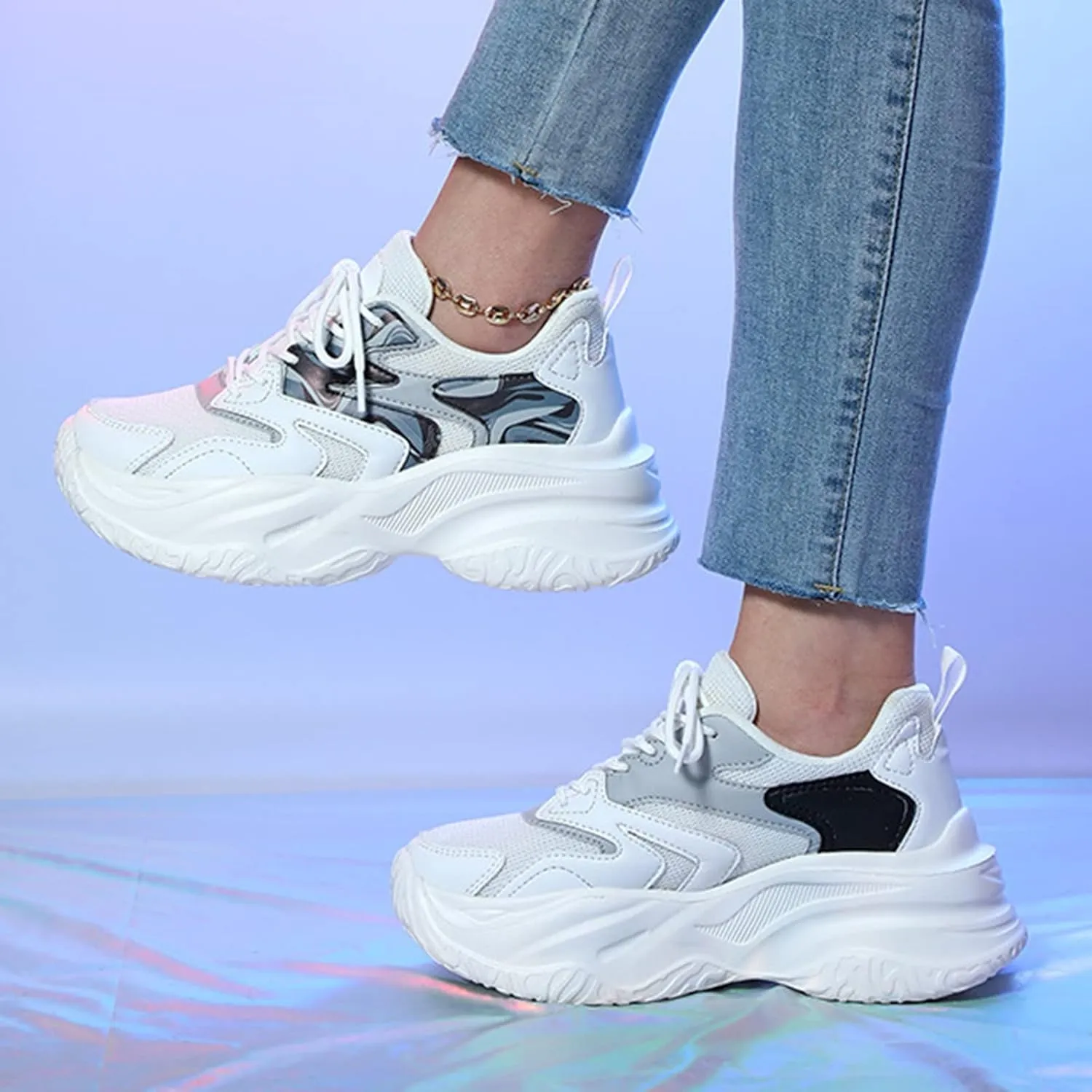 Women's Fashion Chunky Sneakers, Slip on Dad Shoes High Heeld Lace Up Walking Shoes Comfortable Platform Sneakers for Women