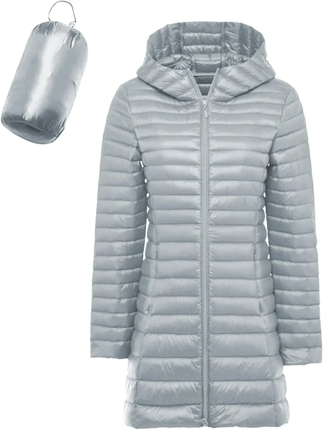 Womens Fashion Packable Long Puffer Coat Hooded Lightweight Thick Winter Down Coats Windproof Warm Soft Zip Up Overcoat