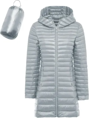 Womens Fashion Packable Long Puffer Coat Hooded Lightweight Thick Winter Down Coats Windproof Warm Soft Zip Up Overcoat
