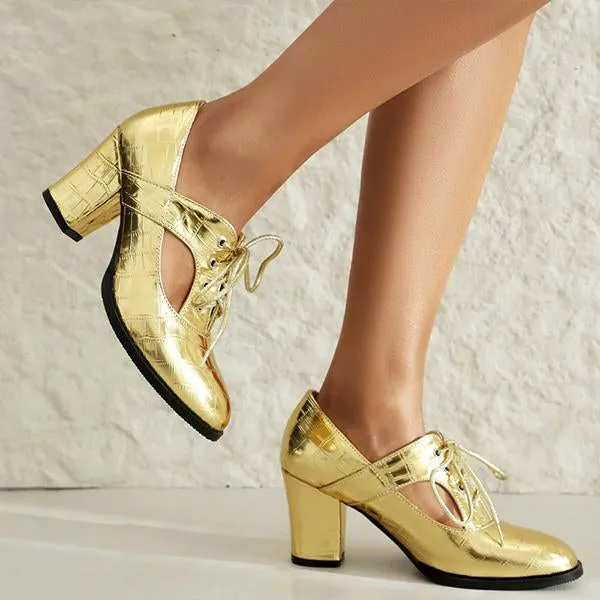 Women's Fashionable Hollow Lace-Up Block Heels 91043908S