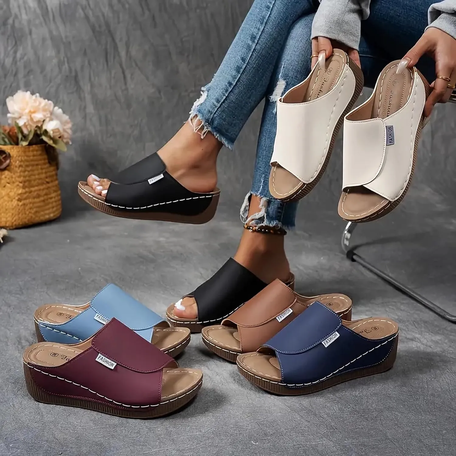 Women's Fishmouth Platform Wedge Slippers Sandals Open Toe with Arch Support Orthopedic Comfortable Walking Sandals Slip on Summer Fashion Beach Platform Slides
