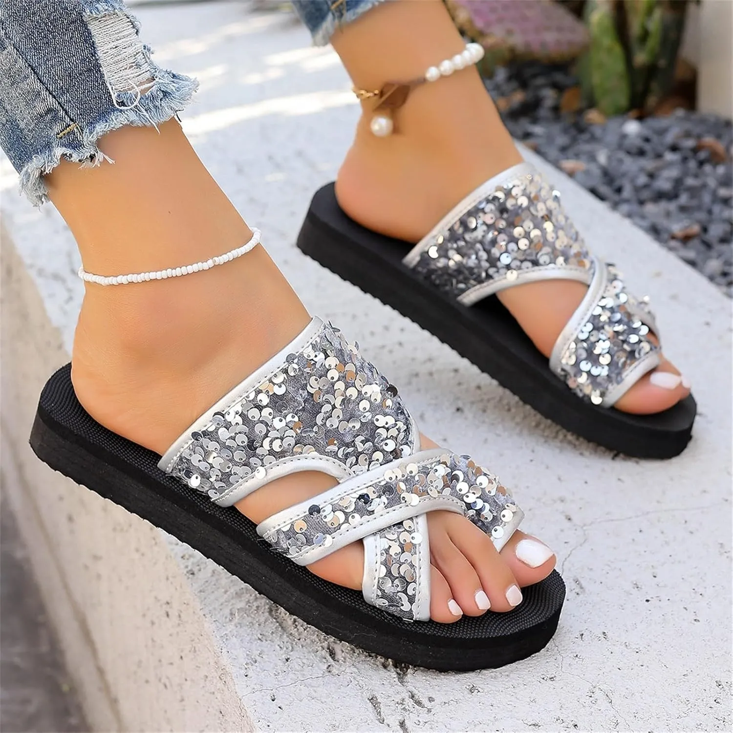 Womens Flat Slippers Fashion Open Toe Platform Slides Elastic Lightweight Comfortable Slip On Beach Sandal