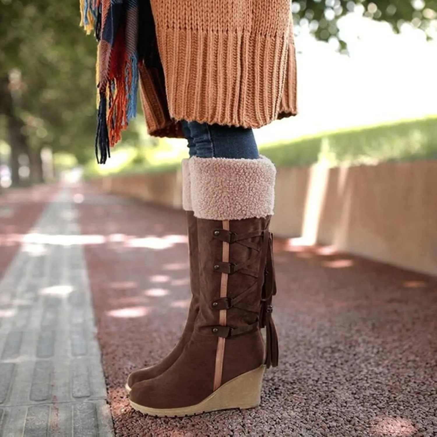 Womens Knee High Boots Over the Knee Boots Winter Warm Lace up Snow Boots for Women Cotton Wedge Heel Long Tall Boots