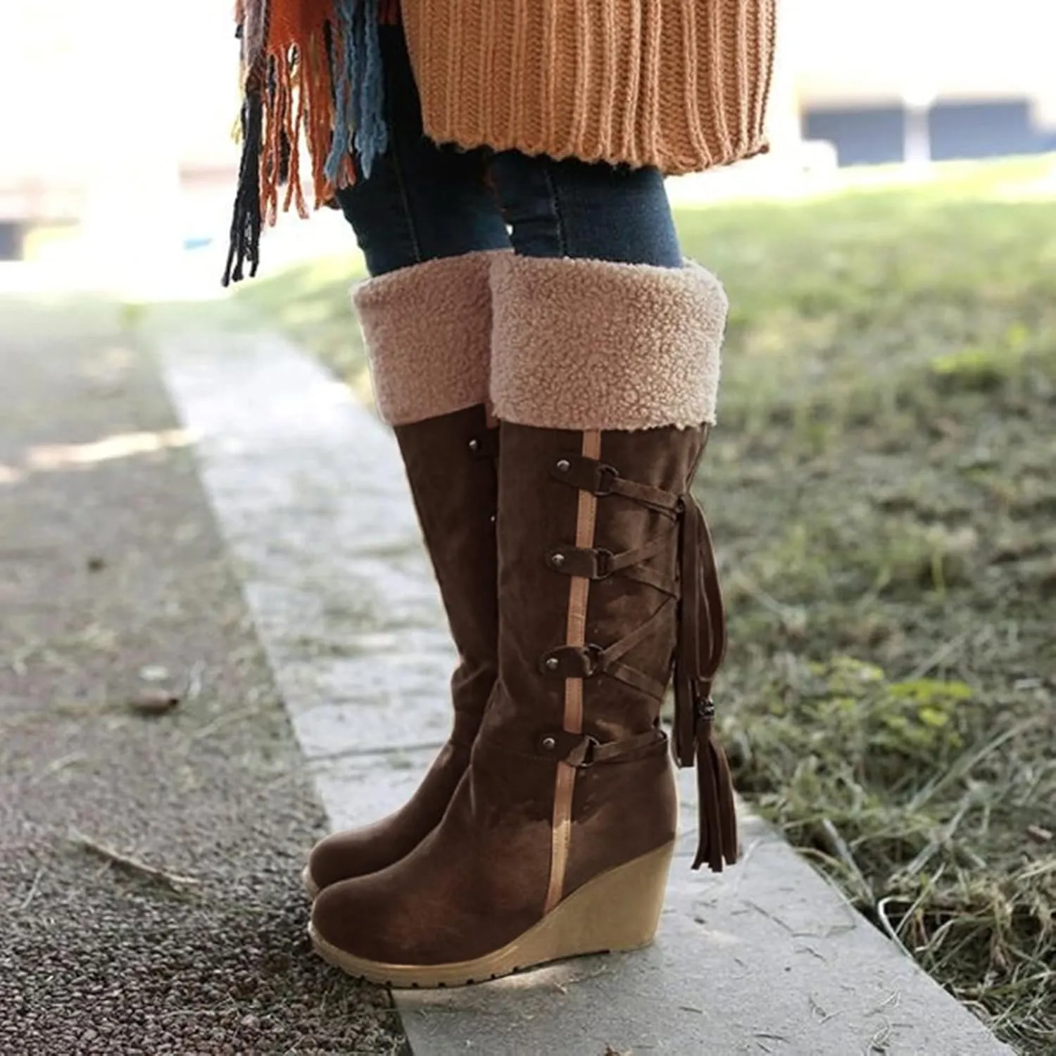 Womens Knee High Boots Over the Knee Boots Winter Warm Lace up Snow Boots for Women Cotton Wedge Heel Long Tall Boots