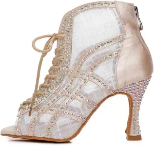 Women's Lace up Latin Dance Shoes Rhinestone Open Toe Salsa Chacha Ballroom Dance Boot Heels Net Yarn,Model-L434