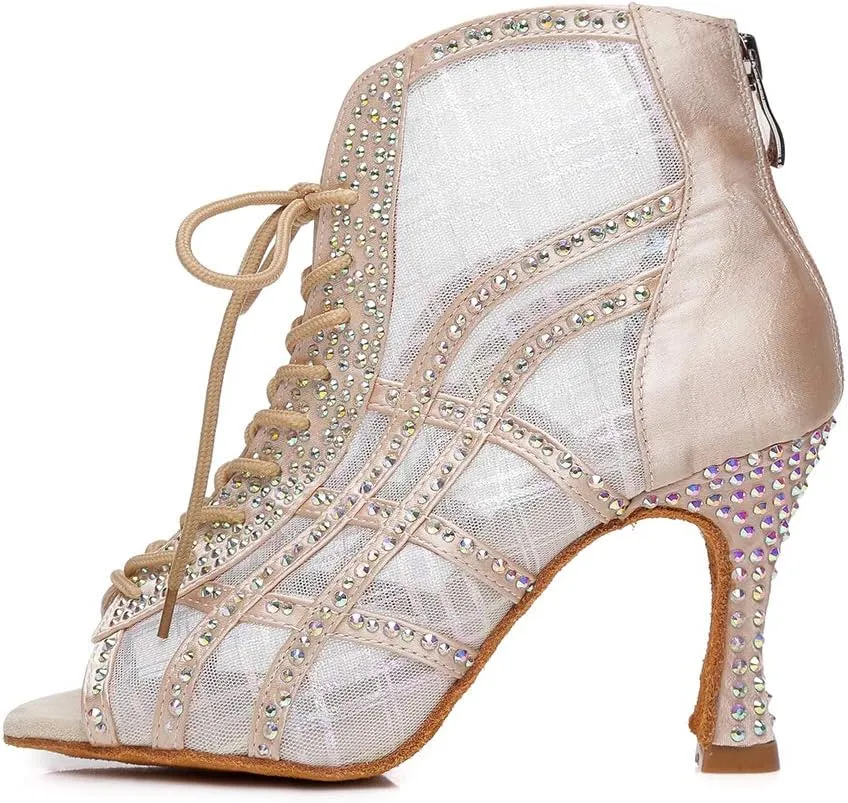 Women's Lace up Latin Dance Shoes Rhinestone Open Toe Salsa Chacha Ballroom Dance Boot Heels Net Yarn,Model-L434