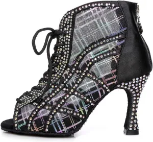 Women's Lace up Latin Dance Shoes Rhinestone Open Toe Salsa Chacha Ballroom Dance Boot Heels Net Yarn,Model-L434