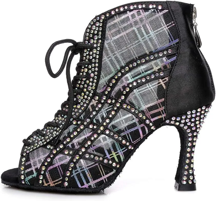 Women's Lace up Latin Dance Shoes Rhinestone Open Toe Salsa Chacha Ballroom Dance Boot Heels Net Yarn,Model-L434