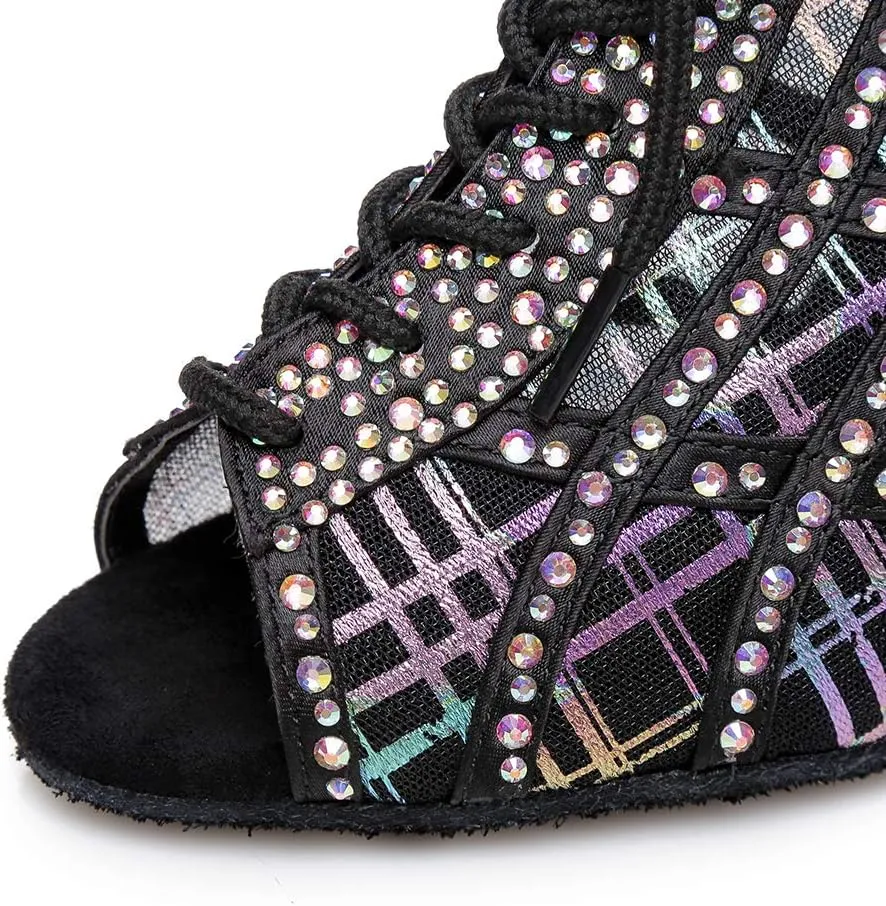 Women's Lace up Latin Dance Shoes Rhinestone Open Toe Salsa Chacha Ballroom Dance Boot Heels Net Yarn,Model-L434