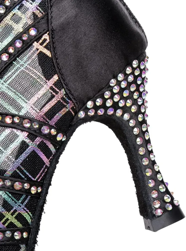 Women's Lace up Latin Dance Shoes Rhinestone Open Toe Salsa Chacha Ballroom Dance Boot Heels Net Yarn,Model-L434