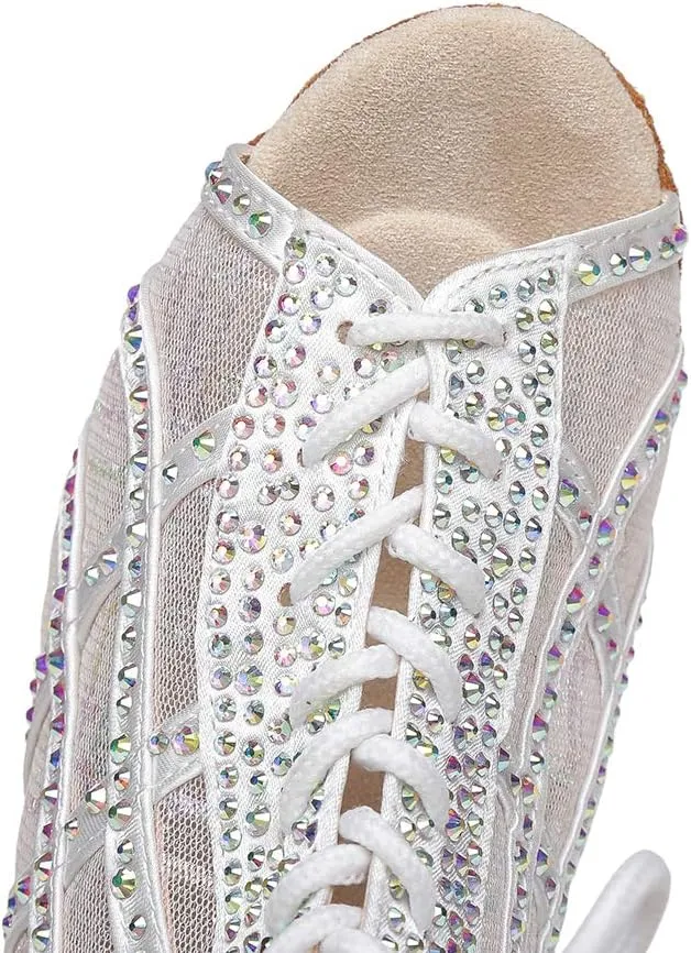 Women's Lace up Latin Dance Shoes Rhinestone Open Toe Salsa Chacha Ballroom Dance Boot Heels Net Yarn,Model-L434