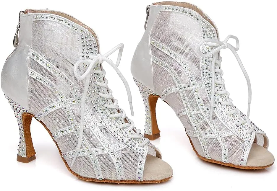 Women's Lace up Latin Dance Shoes Rhinestone Open Toe Salsa Chacha Ballroom Dance Boot Heels Net Yarn,Model-L434
