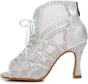 Women's Lace up Latin Dance Shoes Rhinestone Open Toe Salsa Chacha Ballroom Dance Boot Heels Net Yarn,Model-L434