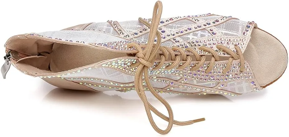 Women's Lace up Latin Dance Shoes Rhinestone Open Toe Salsa Chacha Ballroom Dance Boot Heels Net Yarn,Model-L434
