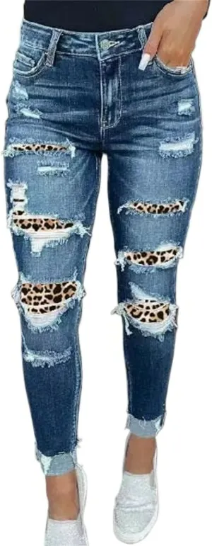 Women's Mid Rise Skinny Stretch Ripped Jeans Mid Waisted Destroyed Butt Lift Slim Fit Washed Tight Denim Pants