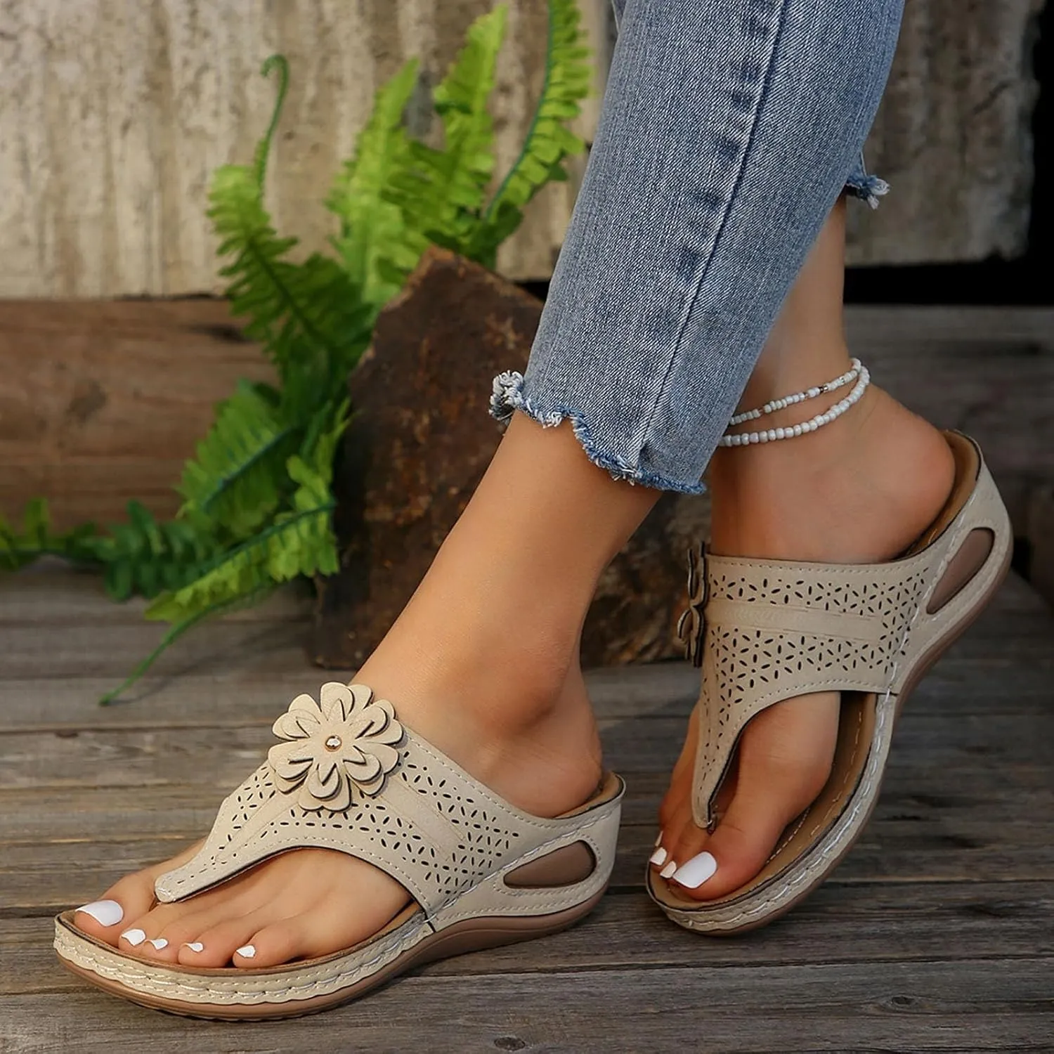Women's Orthopedic Arch Support Sandals, Slip On Open Toe Low Wedge Platform Sandals Comfortable Non-Slip Flip Flops Summer Casual Shoe