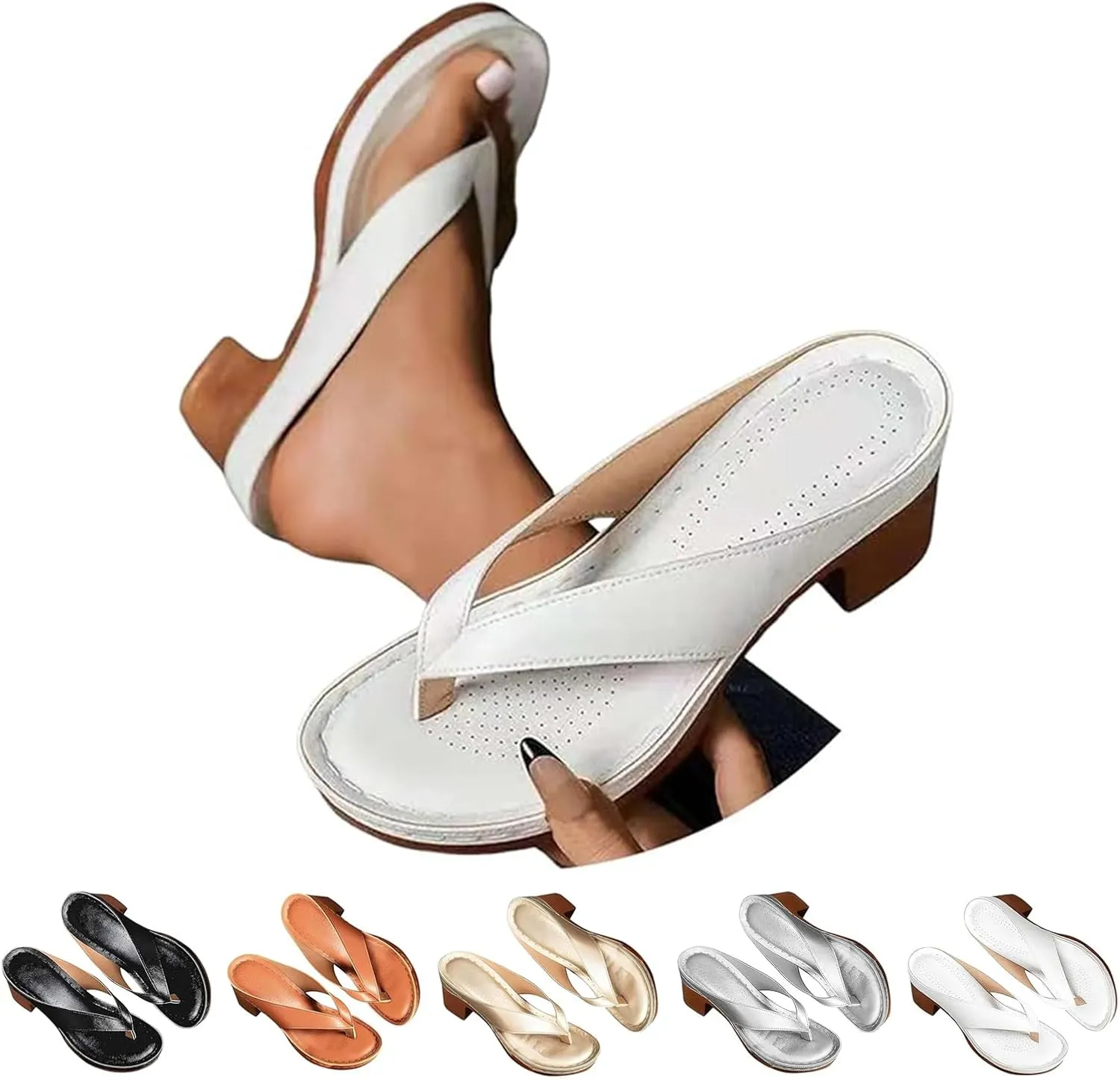 Women's Orthopedic Dressy Chunky Heel Sandal Arch Support Comfortable Slip-On Open Toe Heeled Flip Flops for Women Heels Shoes Wedges for Long Walk Casual Shoes Dressy